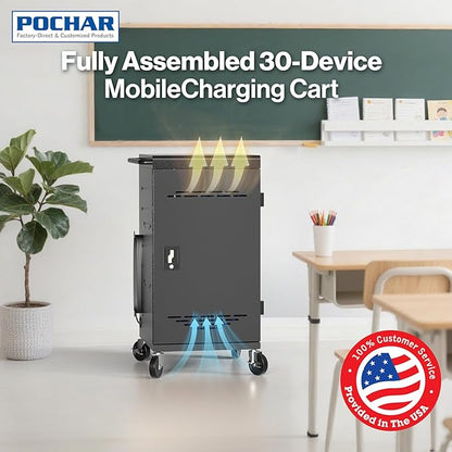Fully Assembled 30 Unit Device Charging Station for Chromebook, iPad, 14'' Laptop - Charging Cart with Charger Cable Management, Circuit Breaker, Grounding Protection
