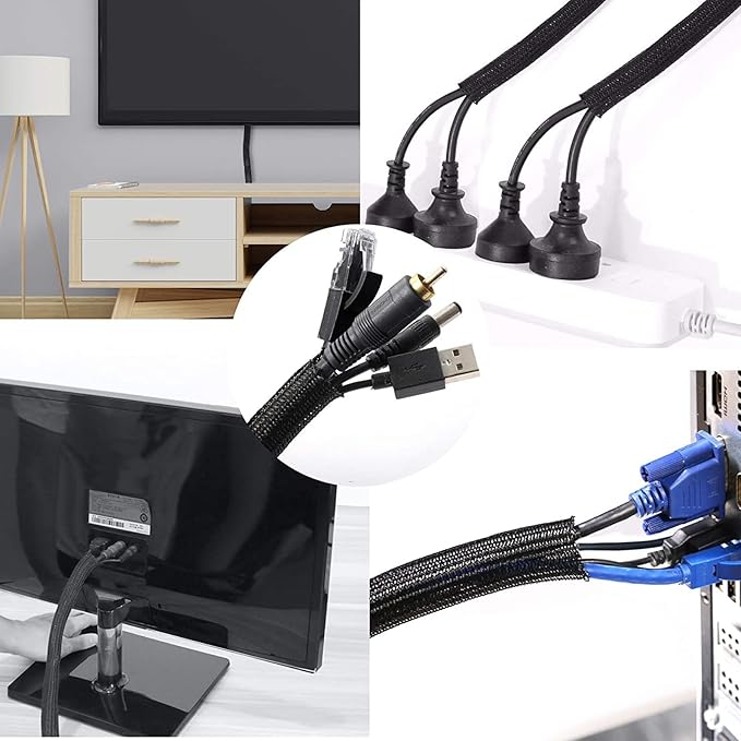 QCSIW 1/2"-10ft*2pcs Black/White Cable Sleeve - Protects Cords from Pets & Organizes Wires - Modern Style - Polyester Material - Flame Retardant - Easy to Use & Cut (Black, 10ft-1/2inch)