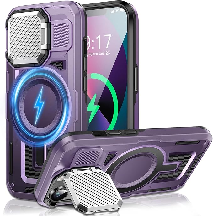 Camera Stand Case for iPhone 13/14, [Compatible with Mag Safe] [Lens Cover] 2024 Version Military Grade Protective Soft Case for iPhone 13/14 6.1 inch Men Women, Purple
