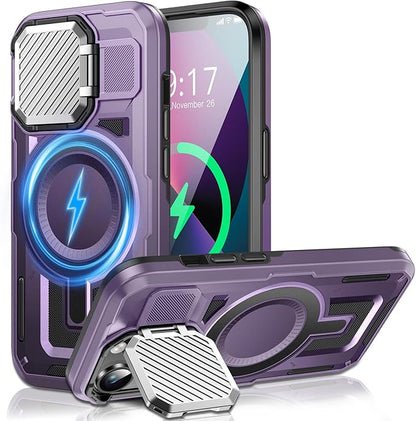 Camera Stand Case for iPhone 13/14, [Compatible with Mag Safe] [Lens Cover] 2024 Version Military Grade Protective Soft Case for iPhone 13/14 6.1 inch Men Women, Purple