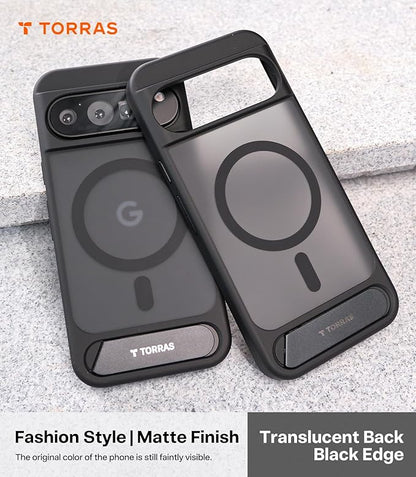 TORRAS Magnetic & Stand for Google Pixel 9 Pro XL Case, Fit for MagSafe, 12FT Mil-Grade Drop Protection, Slim Fit for Google Pixel 9 Pro XL Phone Case with Built-in Kickstand, Translucent Matte Black