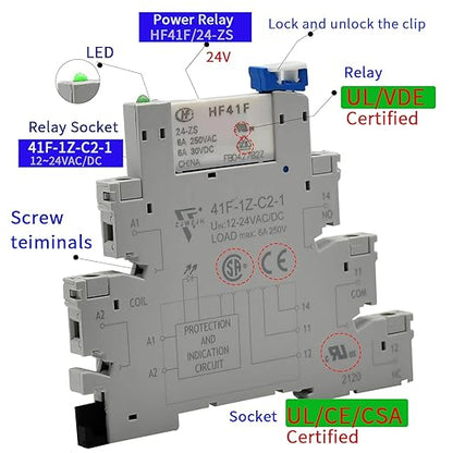 Electromagnetic Relay 24V DC/ 24V AC SPDT 6A with LED Indicator, Socket Base, DIN Rail, Ultra Thin 6.2mm, UL CE VDE Certification