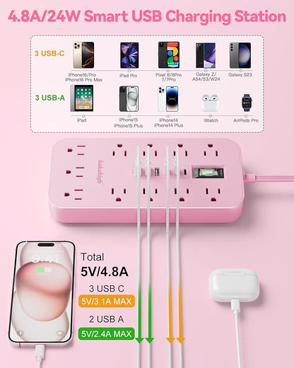 Pink Extension Cord with Multiple Outlets- 5 FT Kawaii Power Strip, Cute Extension Cord with 11 AC Outlet 6 USB (24W/4.8A), Charging Station for Cute Pink Kawaii Desk Home Room Decor Essentials Gifts