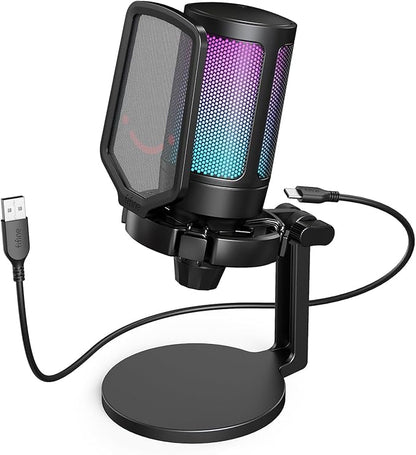 Fifine USB Microphone for PC Gaming, Computer Desktop Streaming Microphone with Mute Button, Gain Knob for Video Podcast, RGB Mic for PS4/PS5, Laptop A6NEO