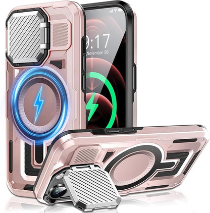 Camera Stand Case for iPhone 12 Pro Max, [Compatible with Mag Safe] [Lens Cover] 2024 Version Military Grade Protective Soft Case for iPhone 12 Pro Max 6.7 inch Men Women, Pink