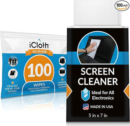 iCloth Large Screen Cleaning Wipes for Electronics, Lint-Free and Streak-Free, Fast-Drying, Removes Dust, Fingerprints, and Smudges (100 Wipes)