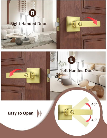 Mengico 4 Pack Gold Privacy Lever Door Handle Interior with Lock, Heavy Duty Square Door Lock for Bed/Bath, Keyless Door Locksets, Reversible for Left Right Handed Doors