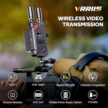 Vrriis Wireless Video Transmitter and Receiver with UVC Out for Live System,Manual Switching of 20 Channels,Wireless Video Transmission System 1500FT Los Range,0.05s Delay,Up to 5 Devices(1TX+1RX)