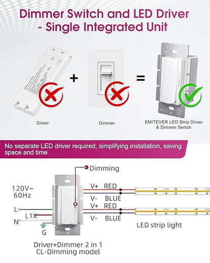 Dimmer Light Switch & 24V 160W Dimmable LED Driver 2 in 1, UL Listed Class 2 Single-Pole or 3-Way Slide Dimmer Switch for Led Lights,120VAC to 24VDC Power Supply for Low Voltage Project, Glossy White