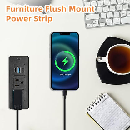 2 Pack Recessed Power Strips USB, 20W Fast Charging Furniture Outlets - 2 AC & 3 USB (2 USB-C + 1 USB-A) for Desk, Bedside, Drawer - Space-Saving, 10FT Cord, Black