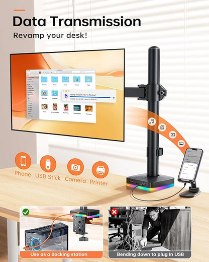 RGB Single Monitor Stand, Monitor Arm with 3 USB Ports, Charging and USB Data Transfer Function, Adjustable Desk Mount for 13"-27" Monitors up to 17.6lbs, VESA 75x75mm 100x100mm, Ergonomic Design