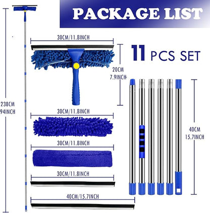 Window Cleaner Squeegee Kit - 2.38M (94ft) Cleaning Equipment with Long Handle 3 in 1 Extendable Window Cleaning Tool for High Windows,Glass,Home,Wall and Car