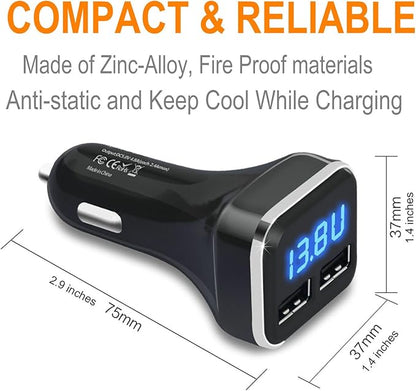 Alivation 3IN1 Digital Volt Gauge with USB Car Charger, 24W Cigarette Lighter Voltage Display Volt Meter Car Battery Monitor with LED Voltage & Amps Display, Dual USB for iPhone X 8 7 6S 6 Plus, 5 SE