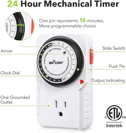 BN-LINK 24 Hour Plug-in Mechanical Timer Grounded for Aquarium, Grow Light, Hydroponics, Indoor Lighting, Home Appliances, ETL Listed 125VAC, 60 Hz, 1875W, 15A, 1/2HP (1 Pack)
