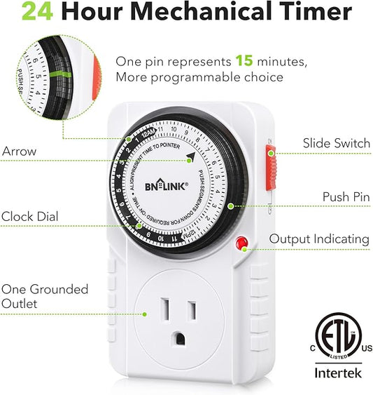 BN-LINK 24 Hour Plug-in Mechanical Timer Grounded for Aquarium, Grow Light, Hydroponics, Indoor Lighting, Home Appliances, ETL Listed 125VAC, 60 Hz, 1875W, 15A, 1/2HP (1 Pack)