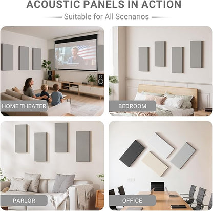 4 Pack High-Density Core with Fabric Cover Acoustic Panels – 24×12×2 In Self-Adhesive Soundproofing and Sound-Absorbing Wall Panels for Echo Reduction in Studio, Theater, or Recording (Pebble Gray)