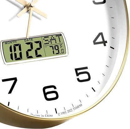 TIMESS Wall Clock, 14" Large Dial Non-Ticking Silent Battery Operated Analog with LCD Display for Perpetual Calendar and F° Temperature, Ideal Modern Home, Bedroom, Office Decor (Gold)