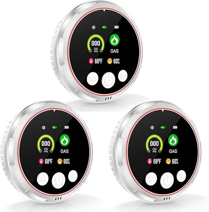3 Pack 4-in-1 Carbon Monoxide Detectors &Natural Gas Leak Detector, Portable Carbon Monoxide Detectors Plug in & Battery Backup, HD Screen Display