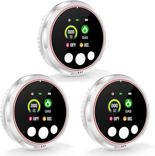 3 Pack 4-in-1 Carbon Monoxide Detectors &Natural Gas Leak Detector, Portable Carbon Monoxide Detectors Plug in & Battery Backup, HD Screen Display