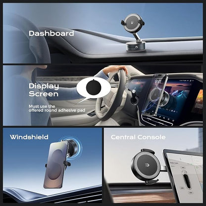 360° Rotation Clip on Car Phone Mount, 2 IN 1 Adjustable Magnetic Car Phone Holder Vacuum Suction Cup Phone Stand Foldable Cellphone Mount with Concealable Ears for All Smartphones