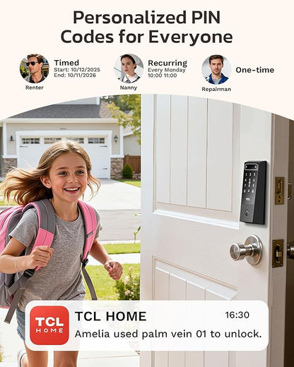 TCL D2 Pro Smart Lock with Palm Vein Recognition, 10000mAh Rechargeable Battery & Wi-Fi, Keyless Entry Door Lock, IP55 Weatherproof, Built-in Doorbell, Auto Lock, Compatible with Alexa, Black