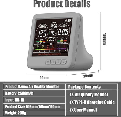 Professional Indoor Air Quality Monitor with 7X AQI,16 in 1 Portable Real-Time Detector for PM2.5 | PM10 | CO2 | TVOC | HCHO | Temp | Hum for Home Cars Plants Pets (Gray)