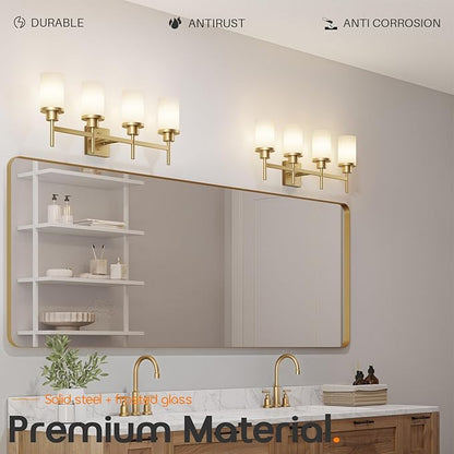 AONEON Wall Light Fixtures 4-Light Over Mirror, Gold Vanity Lights with White Frosted Glass Shade, Wall Sconces for Bathroom Washroom Kitchen T001GD-L4