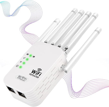 WiFi Repeater, WiFi Extender Signal Booster for Home, 9,880 sq ft Coverage, Repeater/AP Mode, 6 Antennas, WPA2, Ethernet Port, Supports 150+ Devices, White 1PCS