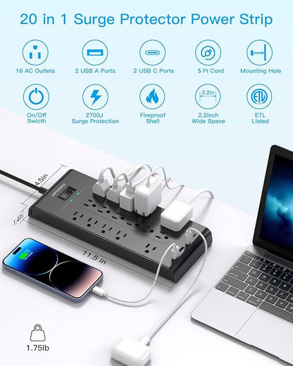 Extension Cord 15 Ft, HANYCONY Power Strip with 16 Oultets 4 USB Ports(2 USB C), 2700 Joules Heay Duty Surge Protector, Flat Plug, Wall Mount for Home Office, ETL Listed, Black