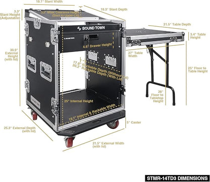Sound Town Heavy-Duty 1/2" (12mm) Plywood 14U PA DJ Pro Audio Rack/Road ATA Case with 11U Slant Mixer Top, Locking Drawer, Side Table, 20’’ Rackable Depth and Casters (STMR-14TD3)