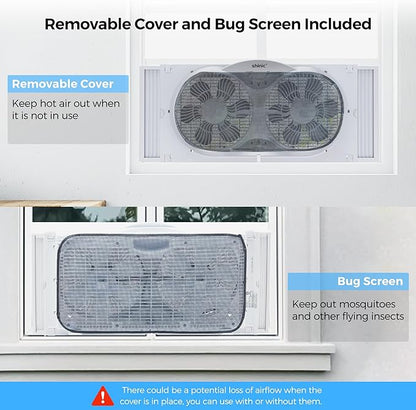 shinic 9" Twin Window Fan with Reversible Airflow, Removable Cover and Bug Screen, Remote Control, 3 Functions-3 Speeds, Width Adjustable (23.5" to 37"), Bathroom Kitchen Window Fan ETL Certified
