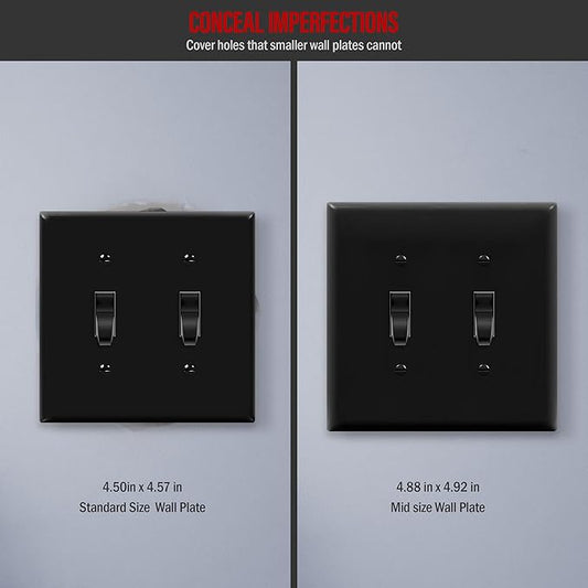ENERLITES Double Light Wall, Toggle Switch Plate, 2-Gang Mid-Size 4.88" x 4.92", Unbreakable Polycarbonate Thermoplastic, UL Listed, 8812M-BK, Black