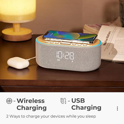 uscce Alarm Clock Bluetooth FM Radio: 10W Stereo Sound Speaker - Fast Wireless Charging for iPhone Samsung - Dimmable Clock Radio for Bedroom