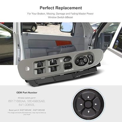 BASIKER Master Power Window Switch and Bezel Driver Side and Window Bezel Passenger Side Replacements for 2002-2010 Dodge Ram 1500 2500 3500, Grey