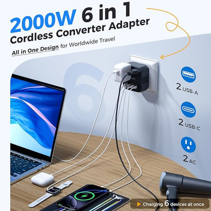 DOACE 220V to 110V Voltage Converter US to Europe - 2000W Converter for European Travel, Power Converter Adapter Combo with 2 PD/QC & UK/AU/US/IT/European Travel Plug Adapters for Hair Dryer Phone