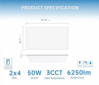 2X4 LED Flat Panel Light with Emergency Battery Backup, 50W 3000K/4000K/5000K, 0-10V Dimmable, 6500 Lumens, LED Drop Ceiling Lights, 100-277V, DLC UL Listed, Ultra Thin Back-Lit (2 Pack)