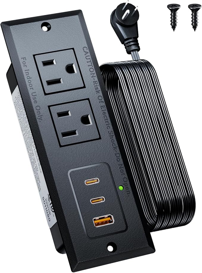 Recessed Power Strip with 20W USB C Port, Fast Charging USB A Port Conference Recessed Outlet, Space-Saver for Furniture Side Table, End Table, Desk Outlet with 6ft Cord, 45° Thin Flat Plug, Black