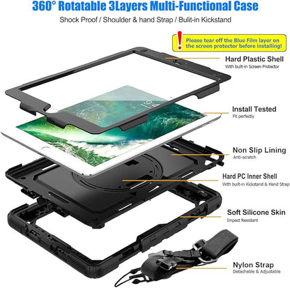SEYMAC stock Case for iPad 6th / 5th Generation Case/Air 2 / Pro 9.7 inch, Heavy Duty Protective with Screen Protector, with Pencil Holder, Hand Strap, Shoulder Strap, 360 Rotate Stand, Black