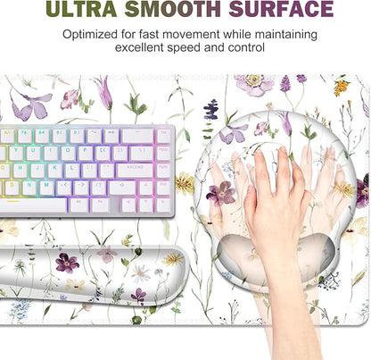 Gaming Mouse Pad, Large Desk Mat, Cute Desk Pad Protector, 4in1 XXL Mousepad + Keyboard Wrist Rest+Mouse Wrist Rest+Coaster Set with Ergonomic Desk Pad for Home Office Computer, Purple Flower Plants
