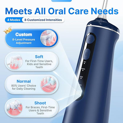 Water Flosser for Teeth, Cordless Oral Irrigator Portable Dental Cleaner Picks with 8 DIY Modes 7 Jets 300ml Tank Braces Flossers Rechargeable (Blue)