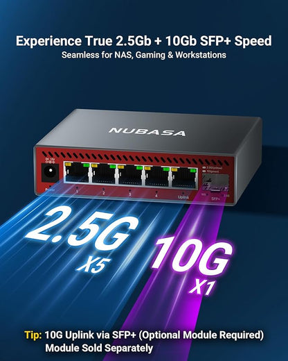 NUBASA 5-Port 2.5Gb Switch with 10Gb SFP+ Port, Unmanaged Multigig Ethernet Splitter for NAS, Gaming, PC - Plug & Play, Silent Aluminum Housing, 2.5 Gigabit Network Switch