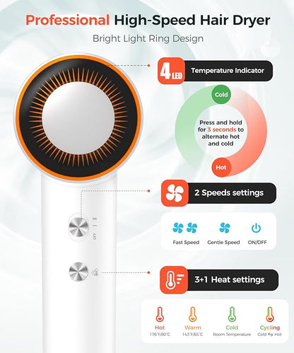 Cosy Companions Hair Dryer, 150000 RPM High-Speed Blow Dryer with 500Million Negative Ions for Fast Drying, Lightweight & Thermo-Control, Hair Dryer with Diffuser, Ideal for Salon & Travel, White