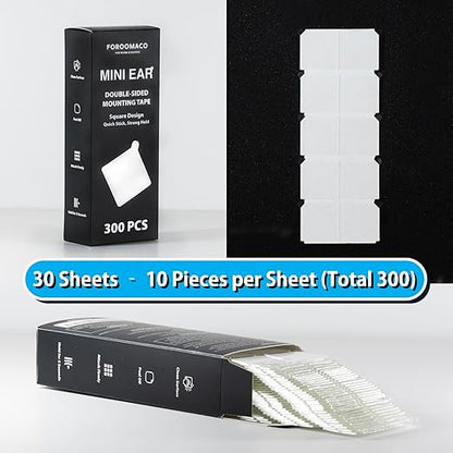 FOROOMACO 300 Pack Mini Ear Double-Sided Mounting Tape Square Heavy Duty Adhesive for Sound Proof Foam Panels, Wall Decor, Wall Art, Easy to Peel and No Residue