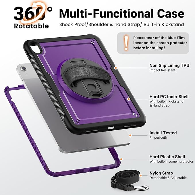 SCSVPN Case for iPad (A16) 11th Generation 11 Inch 2025 / 10th Generation 10.9 Inch 2022, Shockproof Protective Case with Screen Protector, Pencil Holder, Rotating Stand, Hand/Shoulder Strap - Purple