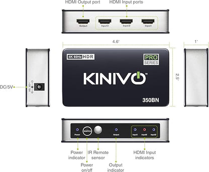 Kinivo HDMI Switch 3 in 1 Out 4K 60Hz (HDR 10, High Speed 18Gbps, IR Remote, HDCP2.2, Dolby Vision, VRR) - 350BN Switcher Compatible with Roku, PS5, Xbox, Apple TV, Nintendo Switch 2, Cable Box