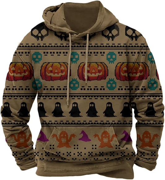 Halloween Hoodie Men Graphic Pumpkin Ghost Printed Sweatshirt Casual Trendy Long Sleeve Halloween Hooded Tops with Pockets