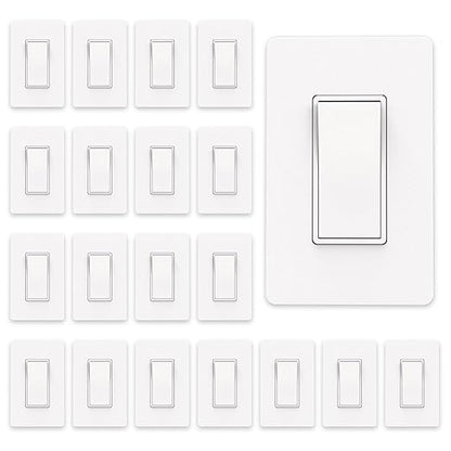 ThunderWay Matte White Single Pole Decorator Light Switch with Screwless Wall Plate, 15 A 120/277 V, ON/Off Rocker Paddle Interrupter, Self-Grounding, Residential Grade, UL Listed (20 Pack)