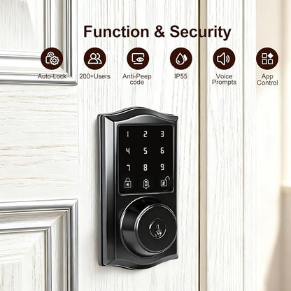 Smart Keyless Entry Door Lock with App Control, Electronic Touchscreen Keypad Deadbolt with Doorbell, App Remote, Voice Prompt, Auto Lock, IP55 Waterproof, 500+ User Capacity, Easy Installation