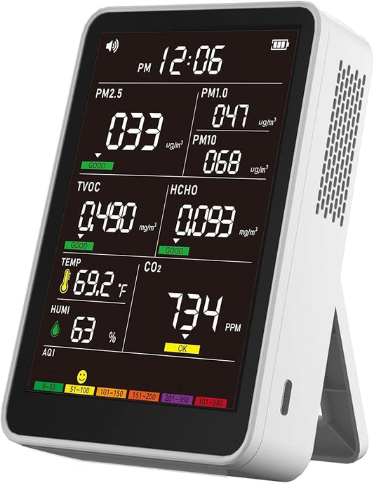 Professional Indoor Air Quality Monitor with AQI Alarms, Portable Real-Time Detector for Home Cars Plants and Pets (Cold White)