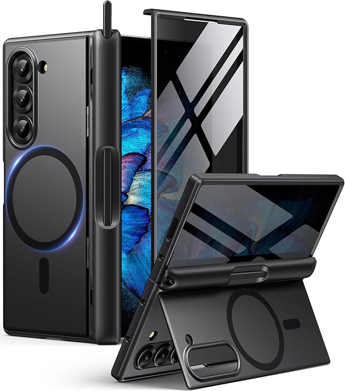 BERFY Magnetic for Samsung Galaxy Z Fold 6 Case with Privacy Screen Protector, [Compatible with MagSafe][Anti Spy]Built-in S Pen Holder & Kickstand, Full-Body Shockproof Phone Case for Z Fold 6, Black